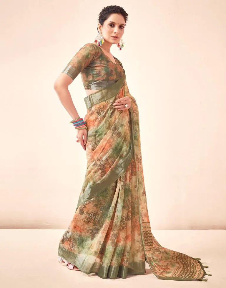 Mehandi Green Linen Printed Sarees