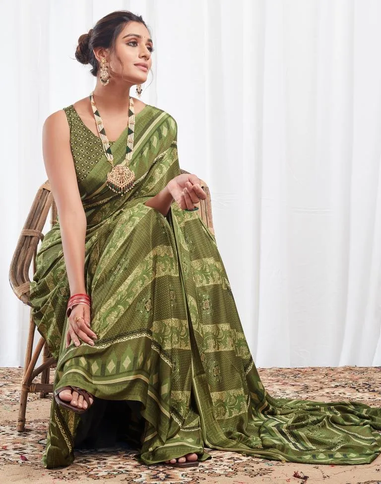 Mehndi Green Silk Printed Sarees