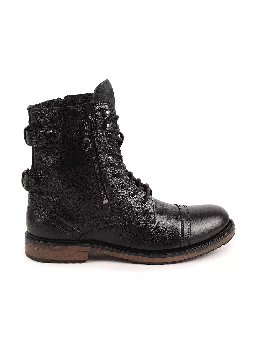 Men Black High Ankle Genuine Leather Hook and 7-Eye Lace Up Side Zipper Adjustable Buckle Strap Cap Toe Anti Skid Sole Flat Boot