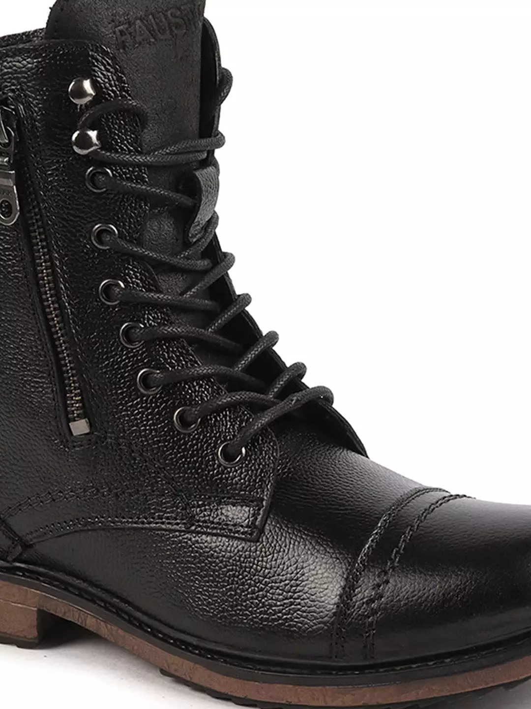 Men Black High Ankle Genuine Leather Hook and 7-Eye Lace Up Side Zipper Adjustable Buckle Strap Cap Toe Anti Skid Sole Flat Boot