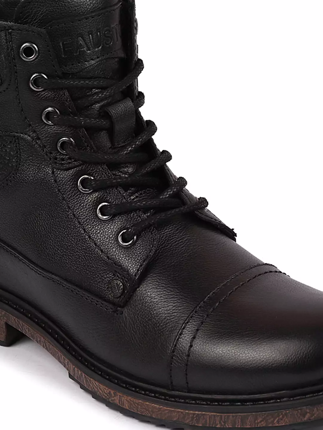 Men Black High Top Genuine Leather 7-Eye Lace Up Buckle Strap Work Cap Toe Winter Flat Boots