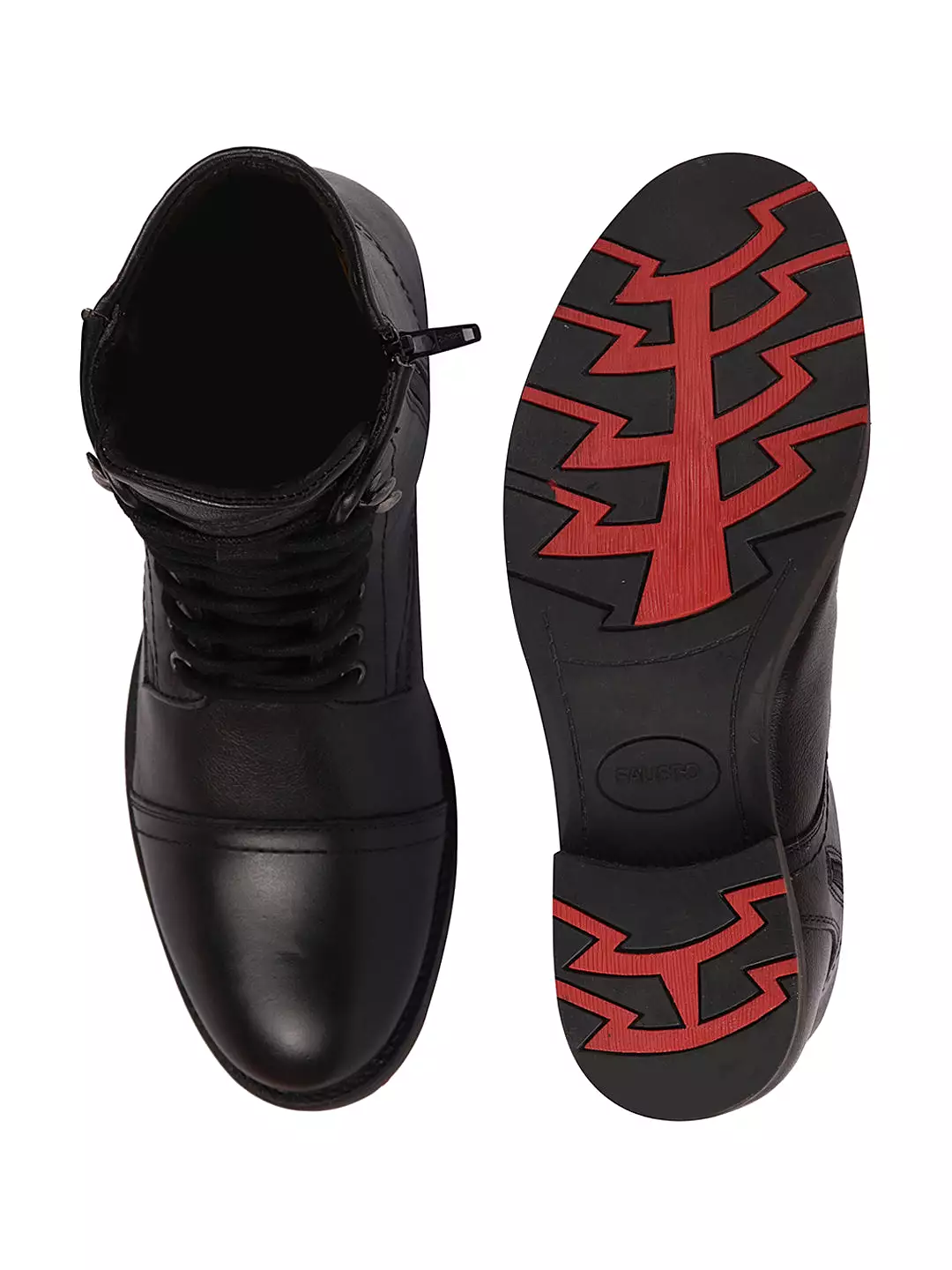 Men Black High Top Genuine Leather Hook and 7-Eye Lace Up Side Zipper Cap Toe Classic Flat Boots