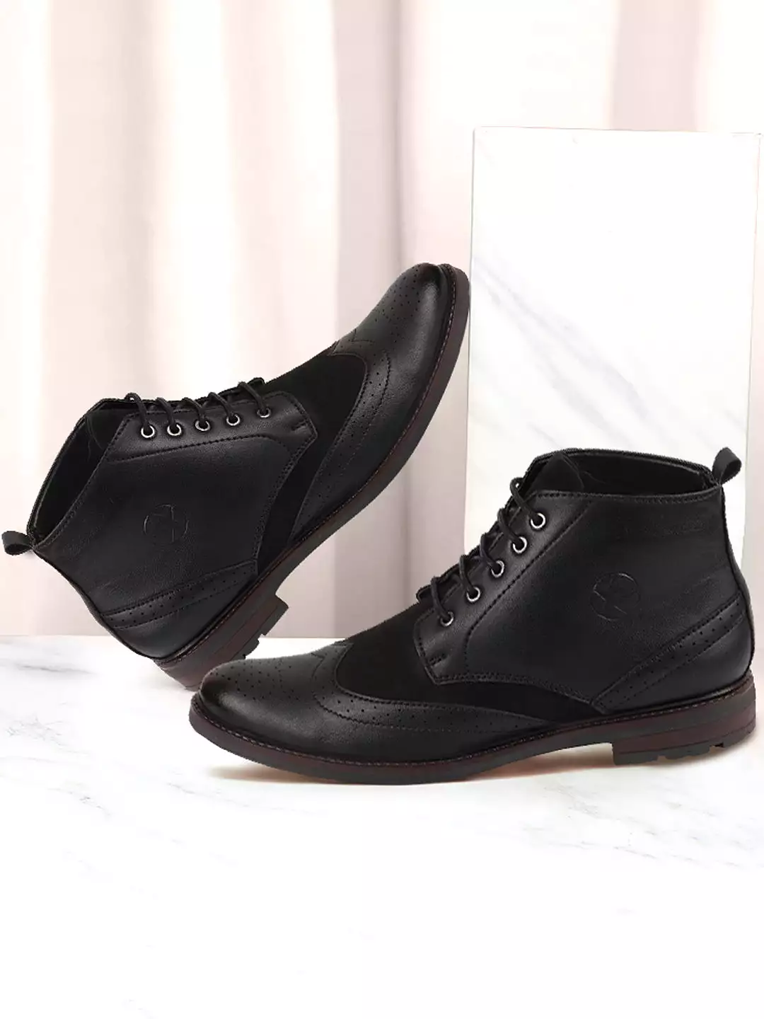 Men Black Wingtip Lace Up Boots