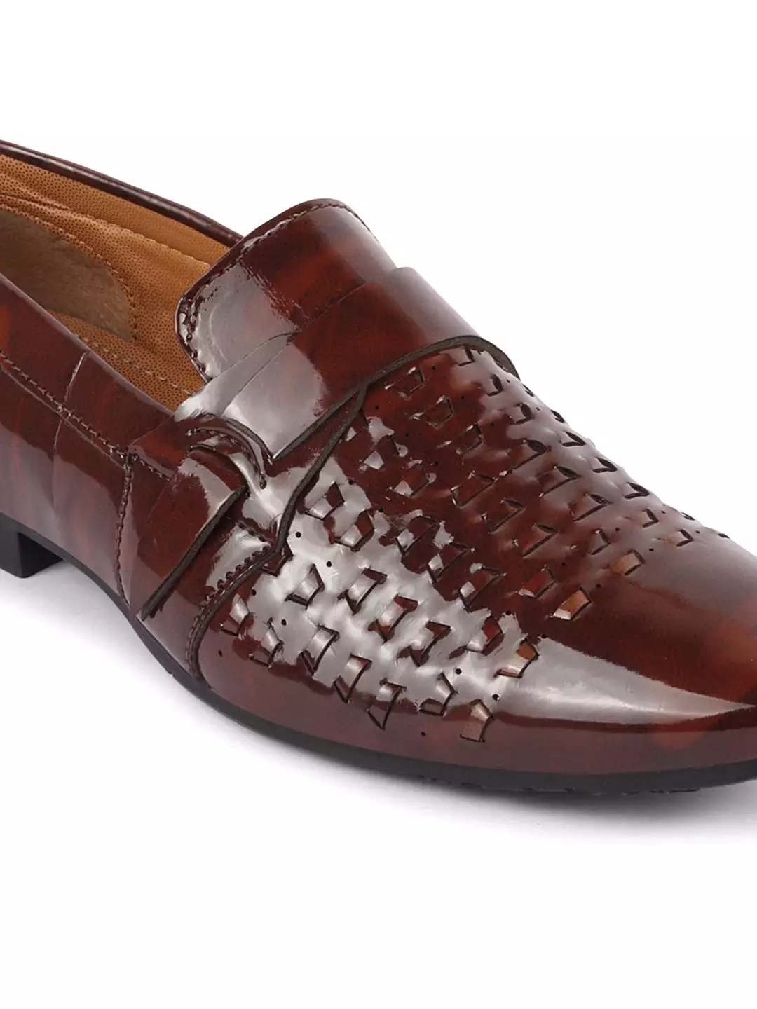 Men Brown Casual Patent Leather Slip-On Shoes