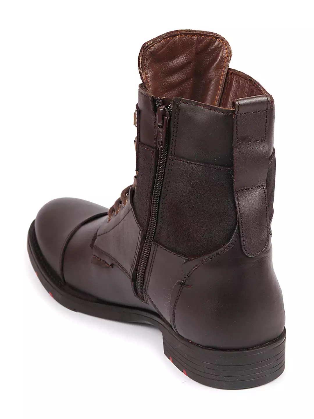 Men Brown High Ankle Genuine Leather Hook and 3-Eye Lace Up Side Zipper Cap Toe Stitched Biker Boots