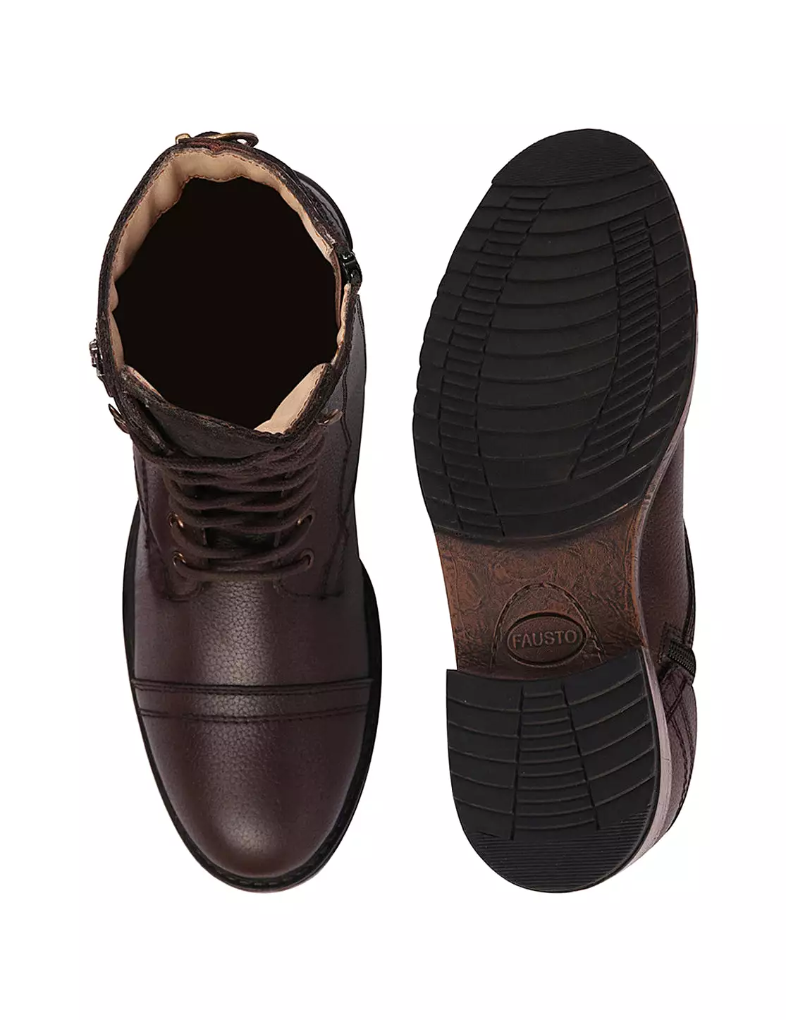 Men Brown High Ankle Genuine Leather Hook and 7-Eye Lace Up Side Zipper Adjustable Buckle Strap Cap Toe Anti Skid Sole Flat Boot