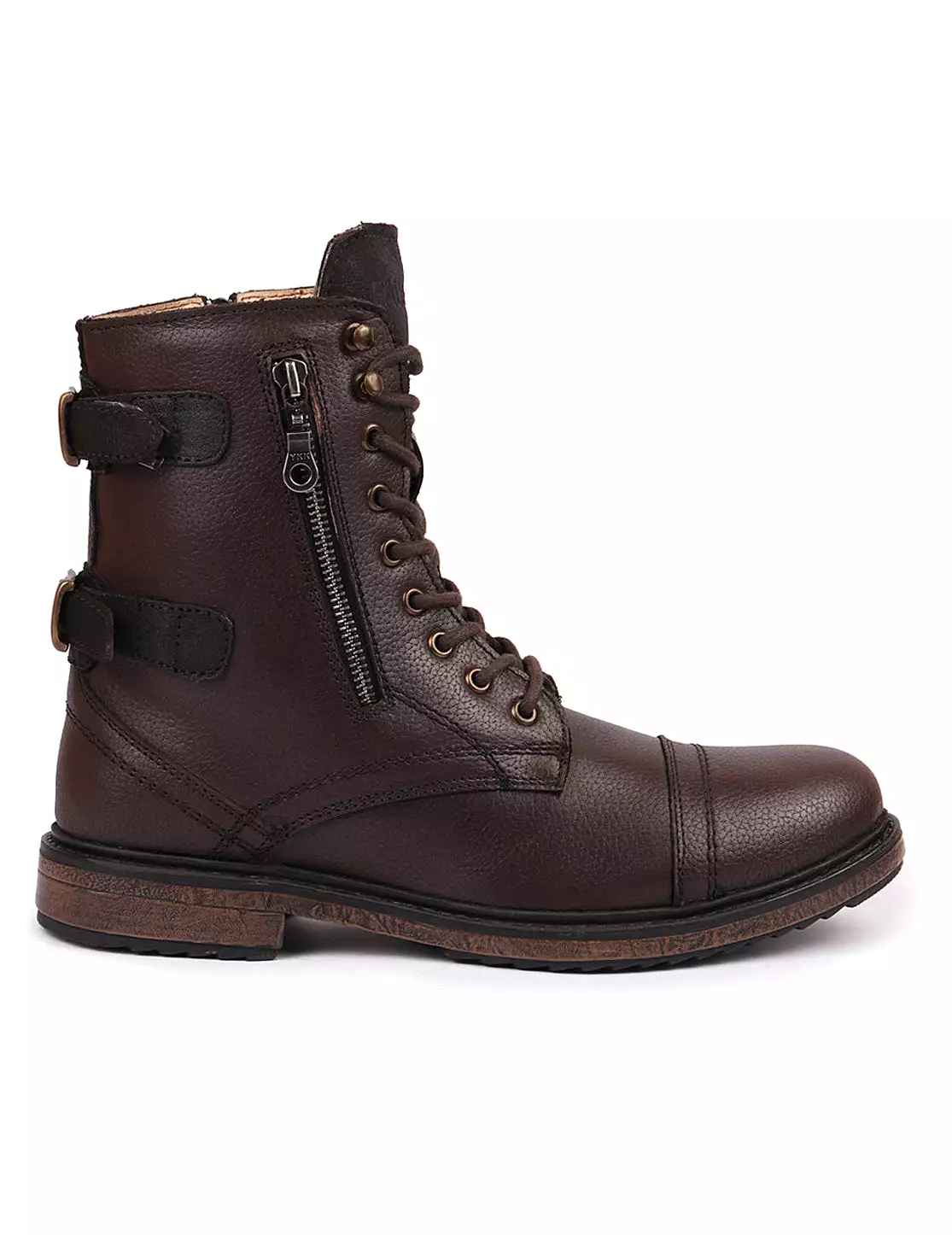 Men Brown High Ankle Genuine Leather Hook and 7-Eye Lace Up Side Zipper Adjustable Buckle Strap Cap Toe Anti Skid Sole Flat Boot