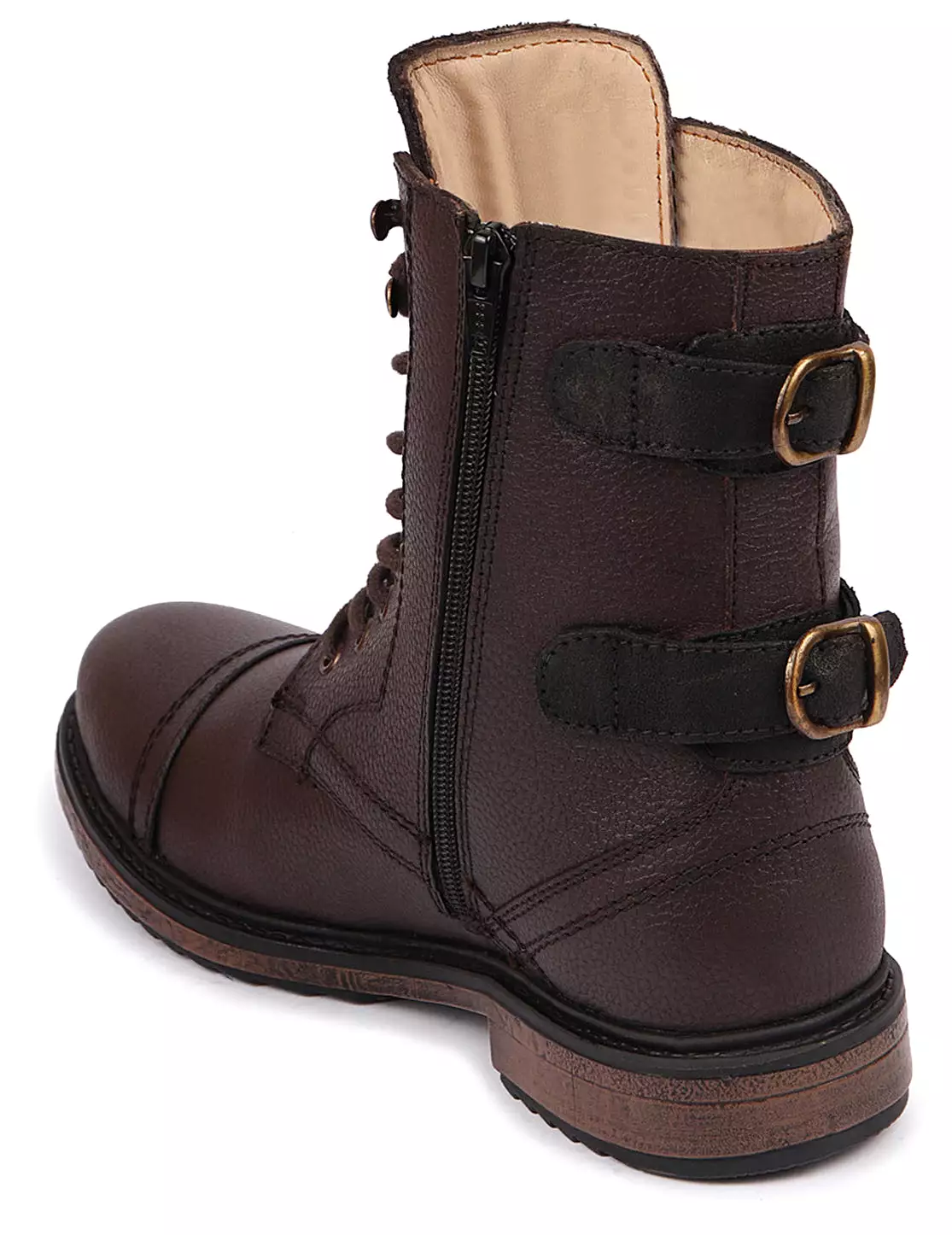 Men Brown High Ankle Genuine Leather Hook and 7-Eye Lace Up Side Zipper Adjustable Buckle Strap Cap Toe Anti Skid Sole Flat Boot