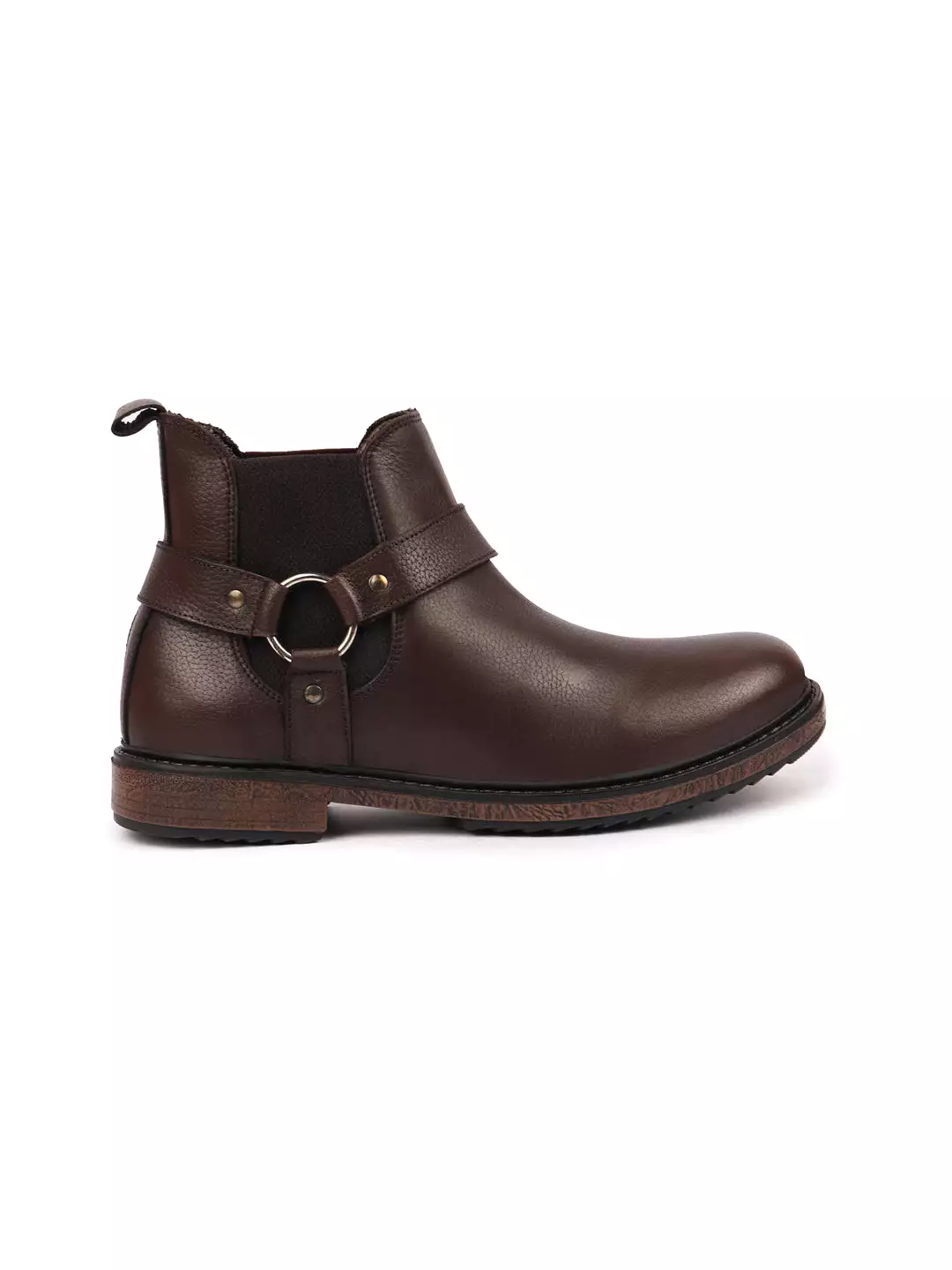 Men Brown High Ankle Genuine Leather Side Ring Buckle Design Slip On Chelsea Work Boots