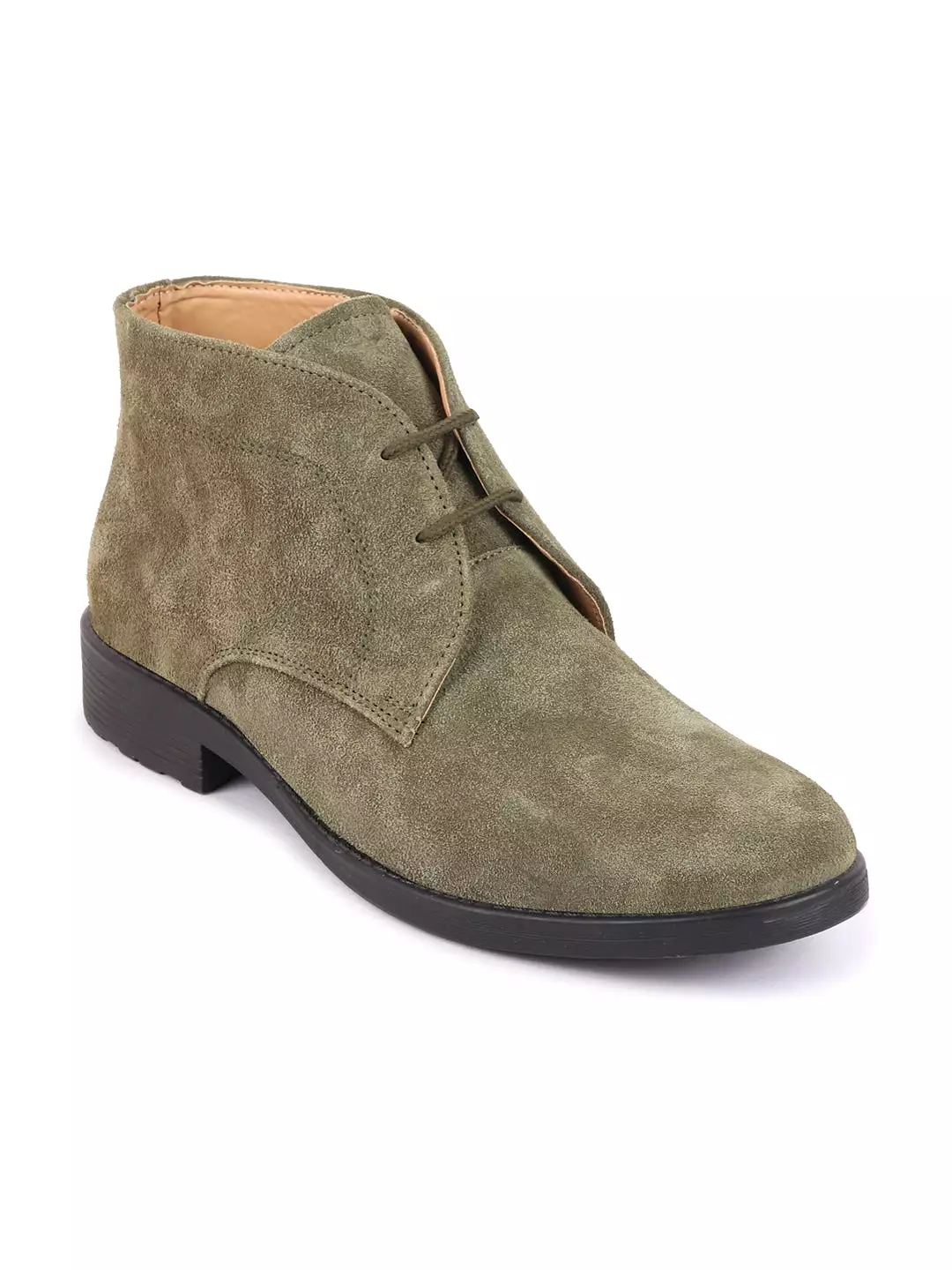 Men Olive Green Suede Leather High Ankle Lace Up Chukka Boots