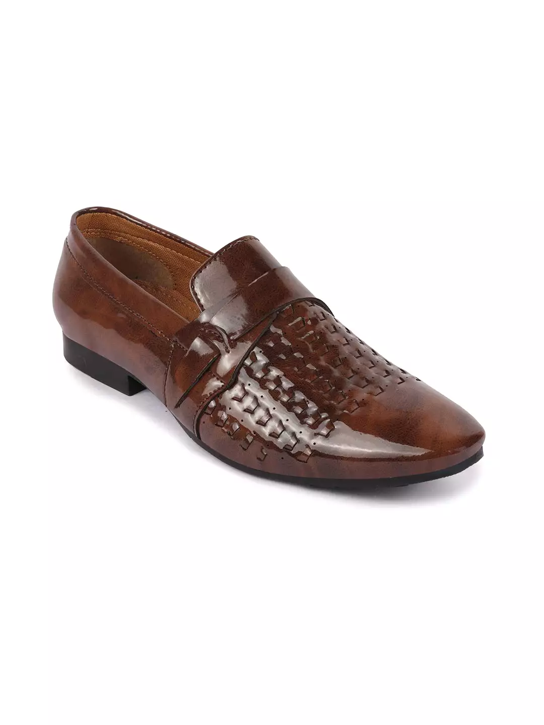 Men Tan Casual Patent Leather Slip-On Shoes