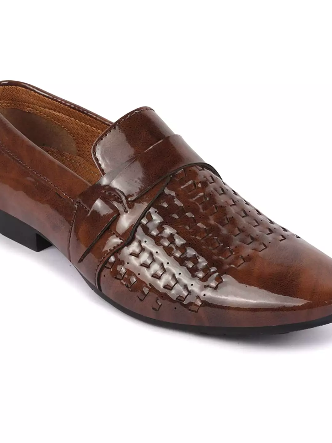 Men Tan Casual Patent Leather Slip-On Shoes