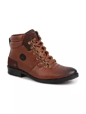 Men Tan Genuine Leather 6-Eye Metallic Lace Up Hook Classic High Ankle Boot For Trekking|Biking|Hiking