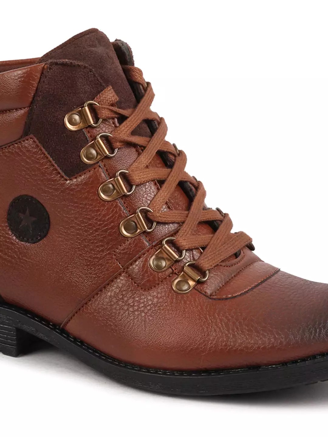 Men Tan Genuine Leather 6-Eye Metallic Lace Up Hook Classic High Ankle Boot For Trekking|Biking|Hiking