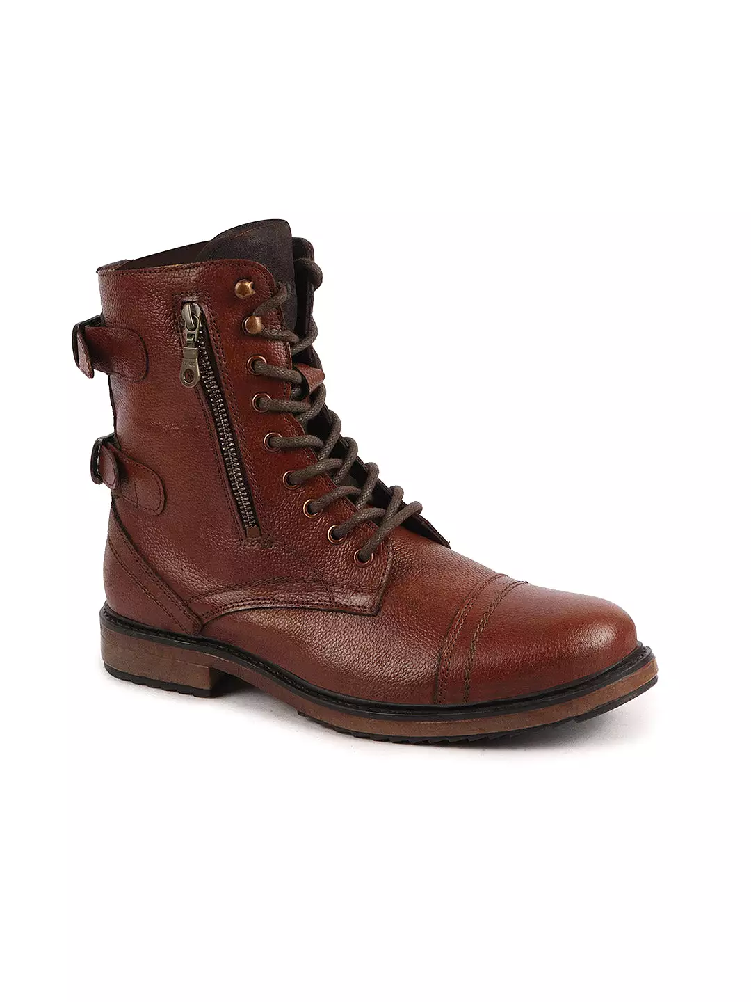 Men Tan High Ankle Genuine Leather Hook and 7-Eye Lace Up Side Zipper Adjustable Buckle Strap Cap Toe Anti Skid Sole Flat Boots