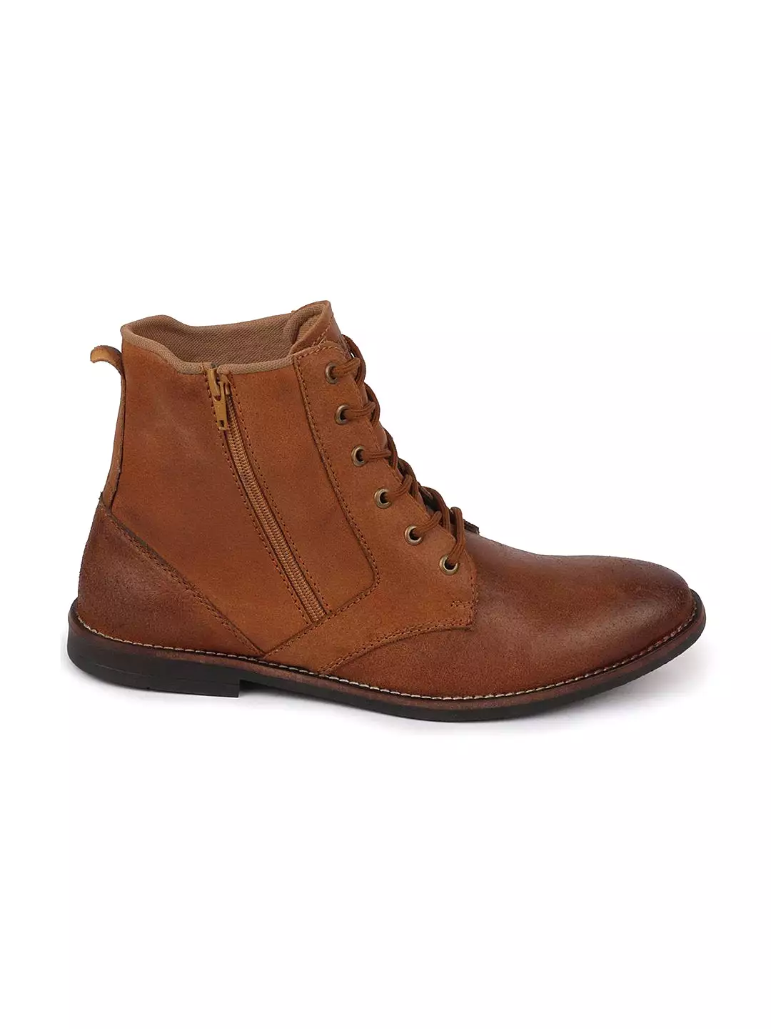 Men Tan High Ankle Lace Up Leather Zipper Boots