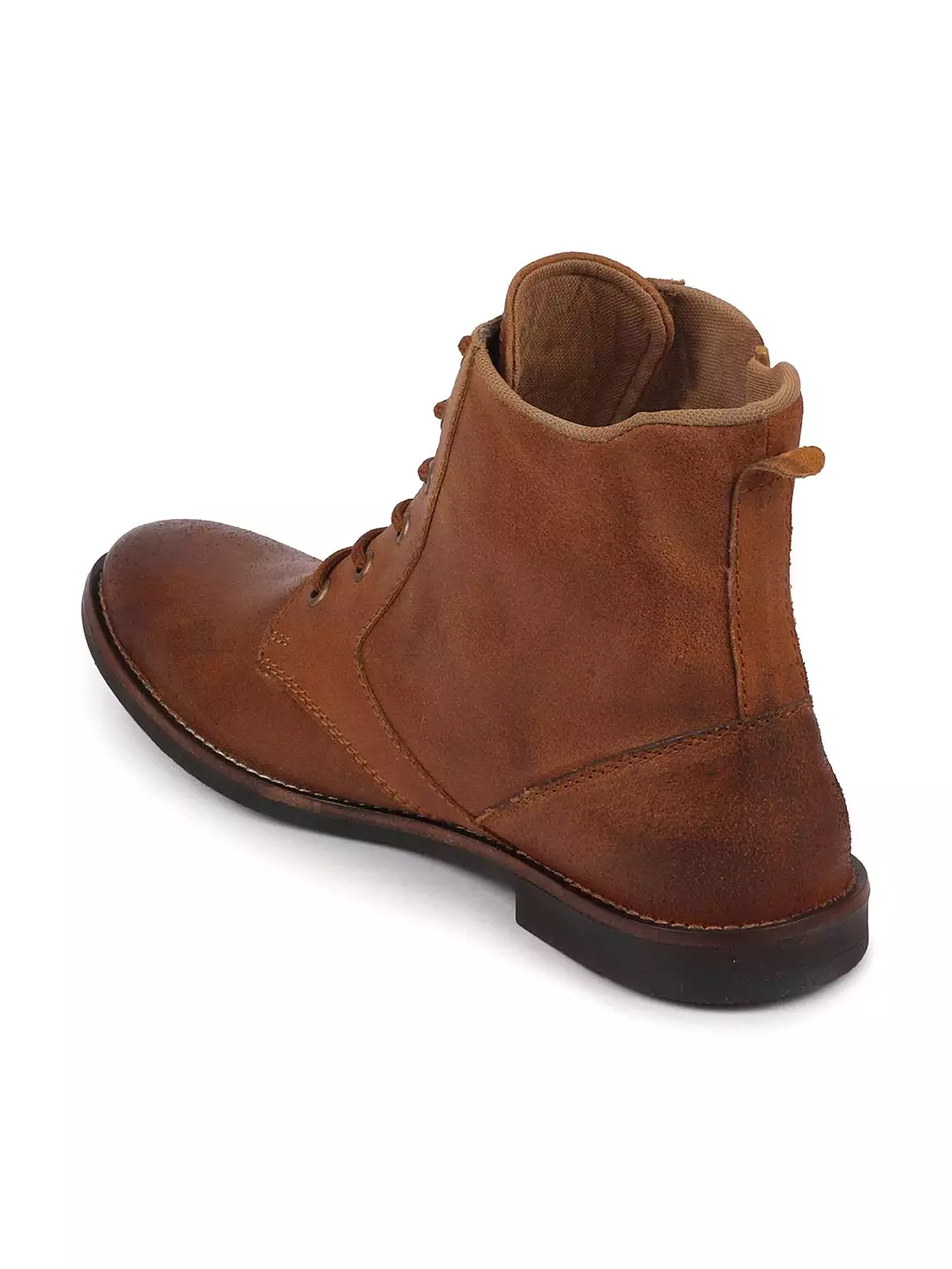 Men Tan High Ankle Lace Up Leather Zipper Boots