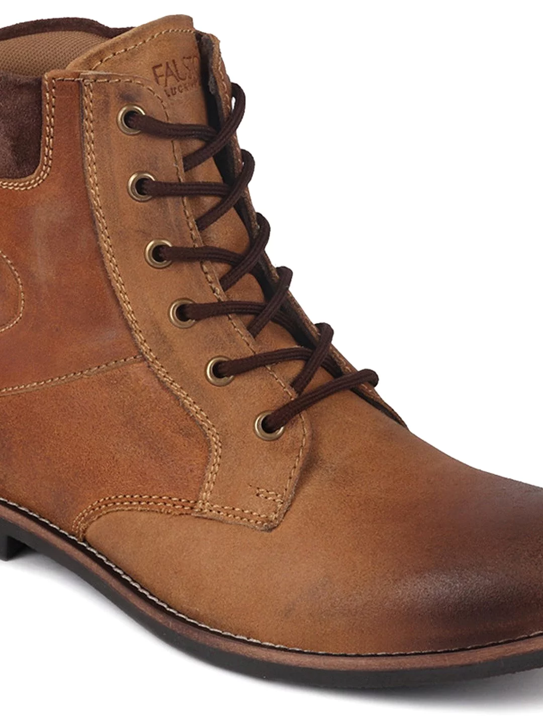 Men Tan Mid Top Lace Up Leather Boots