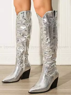 Metallic Silver Women Chelsea Boots Chunky High Heel Pointed Toe Knee High Shoes Western Cowboy Boots