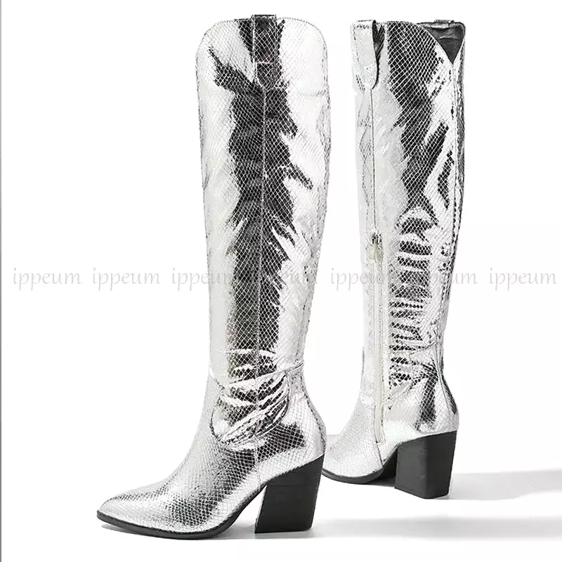 Metallic Silver Women Chelsea Boots Chunky High Heel Pointed Toe Knee High Shoes Western Cowboy Boots