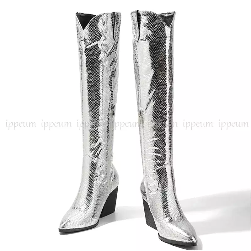 Metallic Silver Women Chelsea Boots Chunky High Heel Pointed Toe Knee High Shoes Western Cowboy Boots