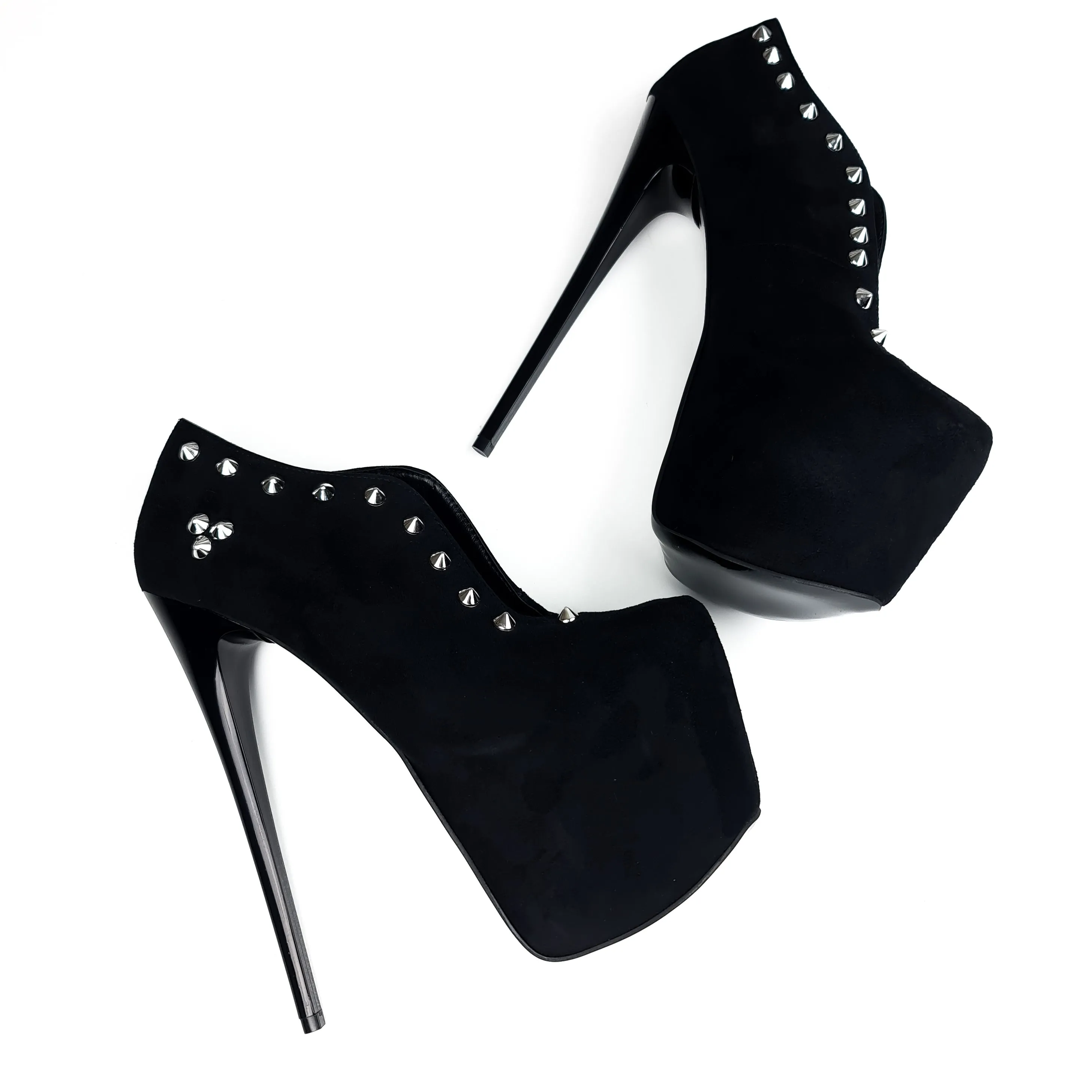 Mid Slit Black Suede Studded Ankle Cut Heels