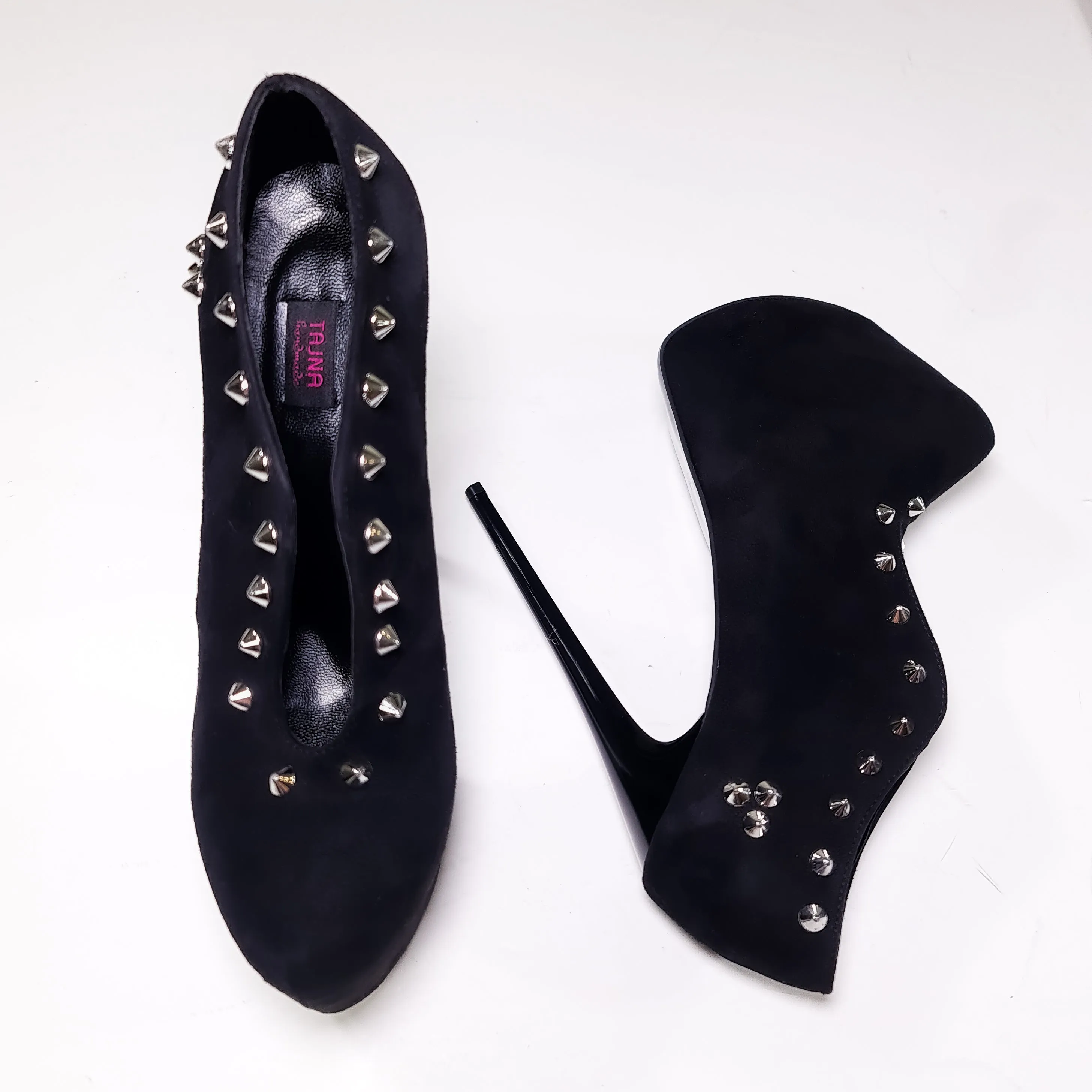 Mid Slit Black Suede Studded Ankle Cut Heels