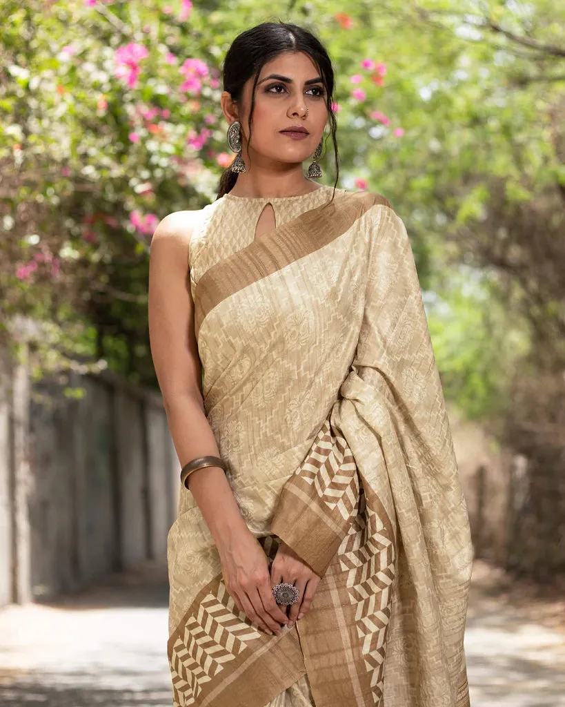 Oat Beige And Walnut Brown Traditional Pattern Digital Print Heritage Art Silk Saree With Tassels