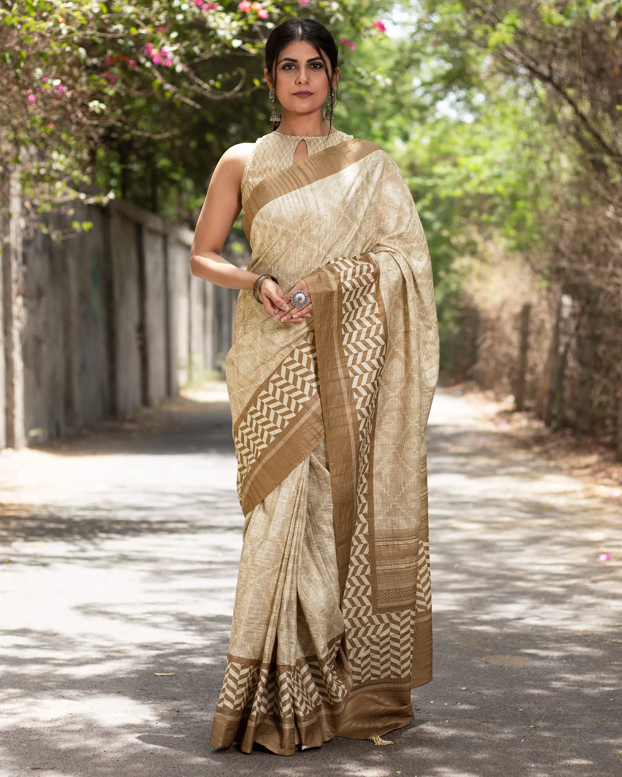 Oat Beige And Walnut Brown Traditional Pattern Digital Print Heritage Art Silk Saree With Tassels