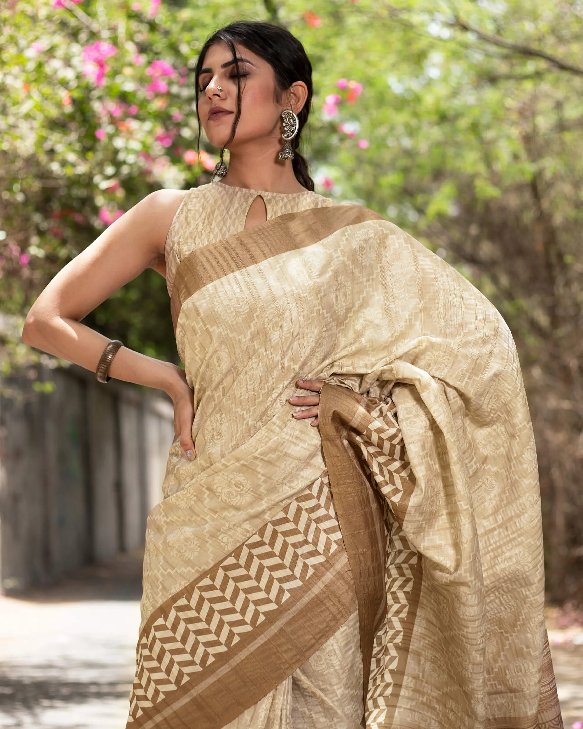 Oat Beige And Walnut Brown Traditional Pattern Digital Print Heritage Art Silk Saree With Tassels