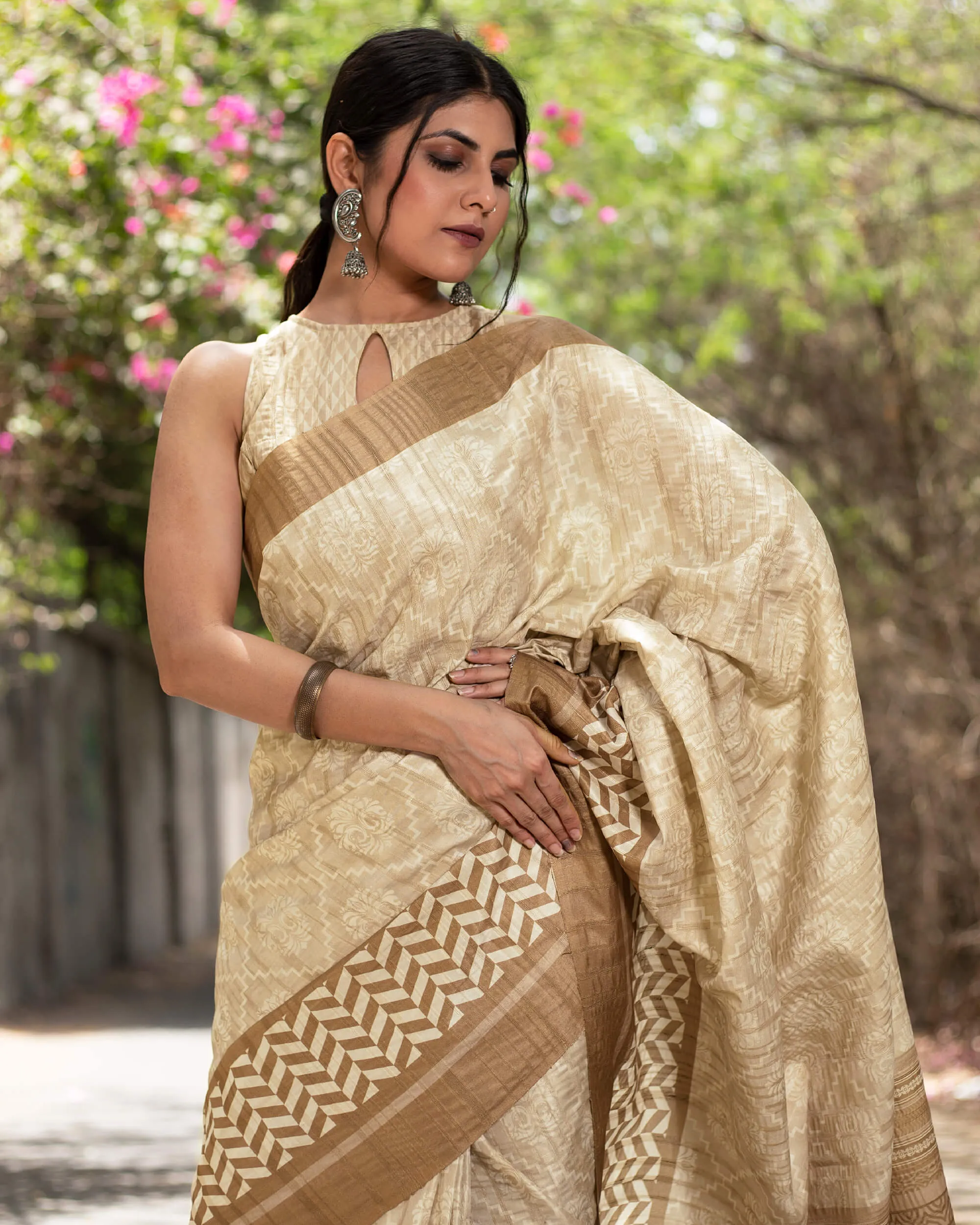 Oat Beige And Walnut Brown Traditional Pattern Digital Print Heritage Art Silk Saree With Tassels