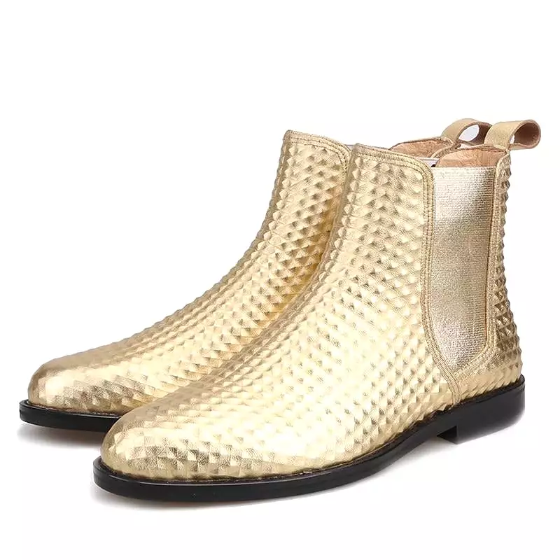 OneDrop Men Handmade Gold Embossed Leather Chelsea Boots Party Ankle Boot