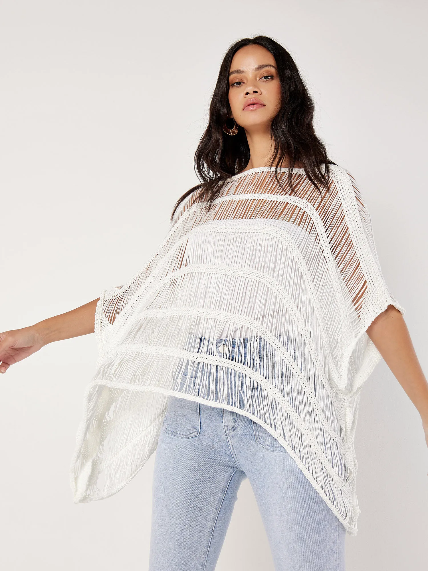 Open Knit Cotton Blend Poncho | Apricot Clothing