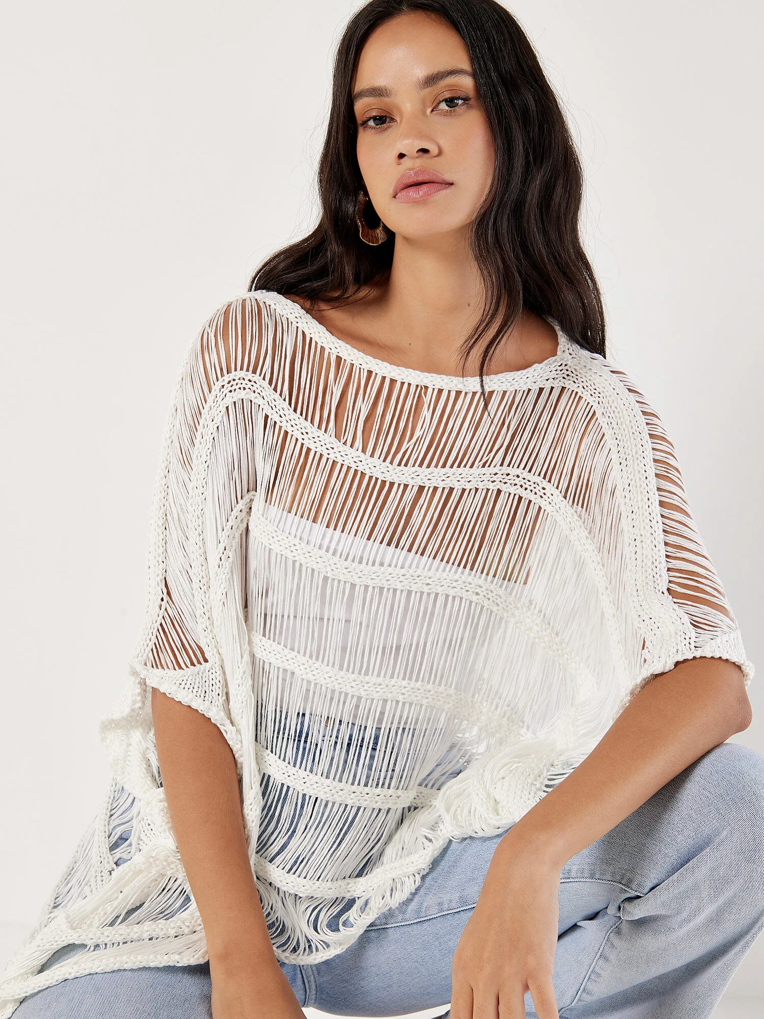 Open Knit Cotton Blend Poncho | Apricot Clothing