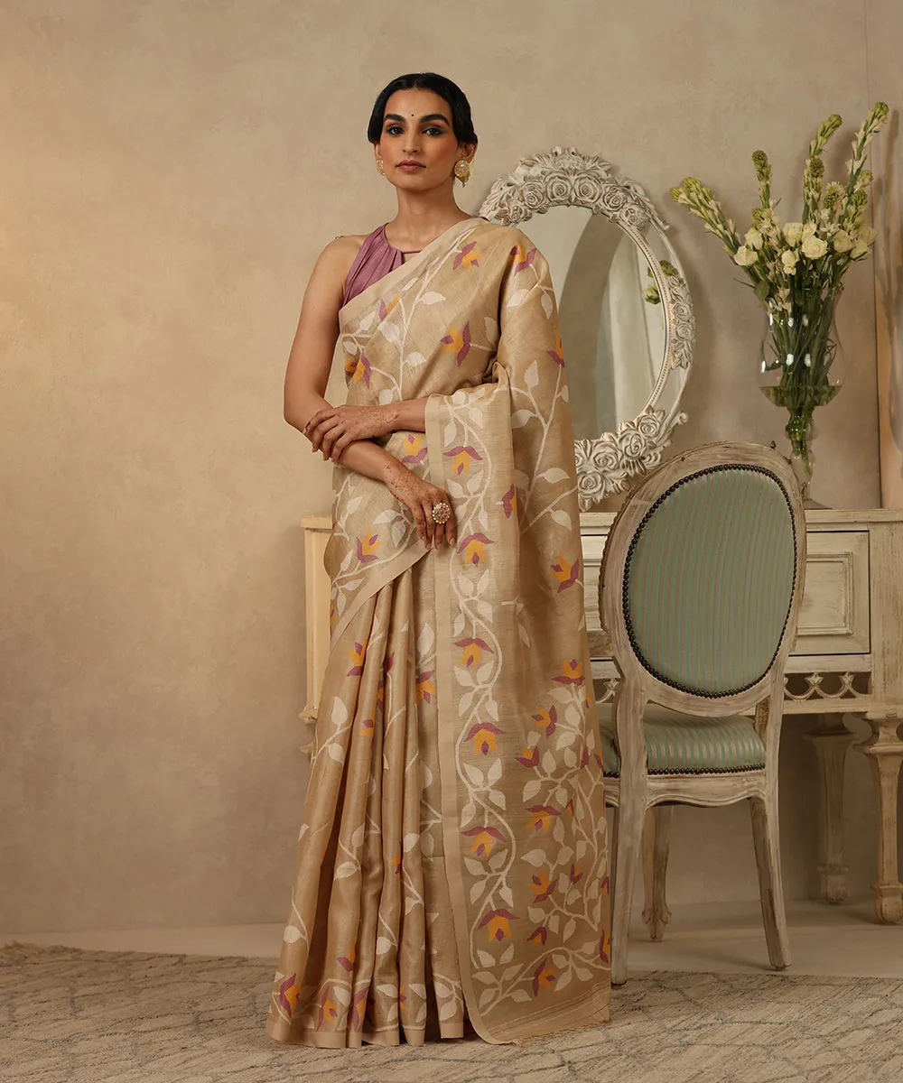 Pallavi Beige Handloom Pure Tussar Silk Dhakai Jamdani Saree With All Over Floral Jaal