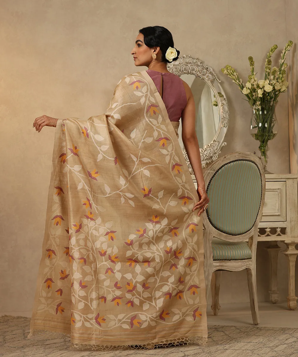 Pallavi Beige Handloom Pure Tussar Silk Dhakai Jamdani Saree With All Over Floral Jaal