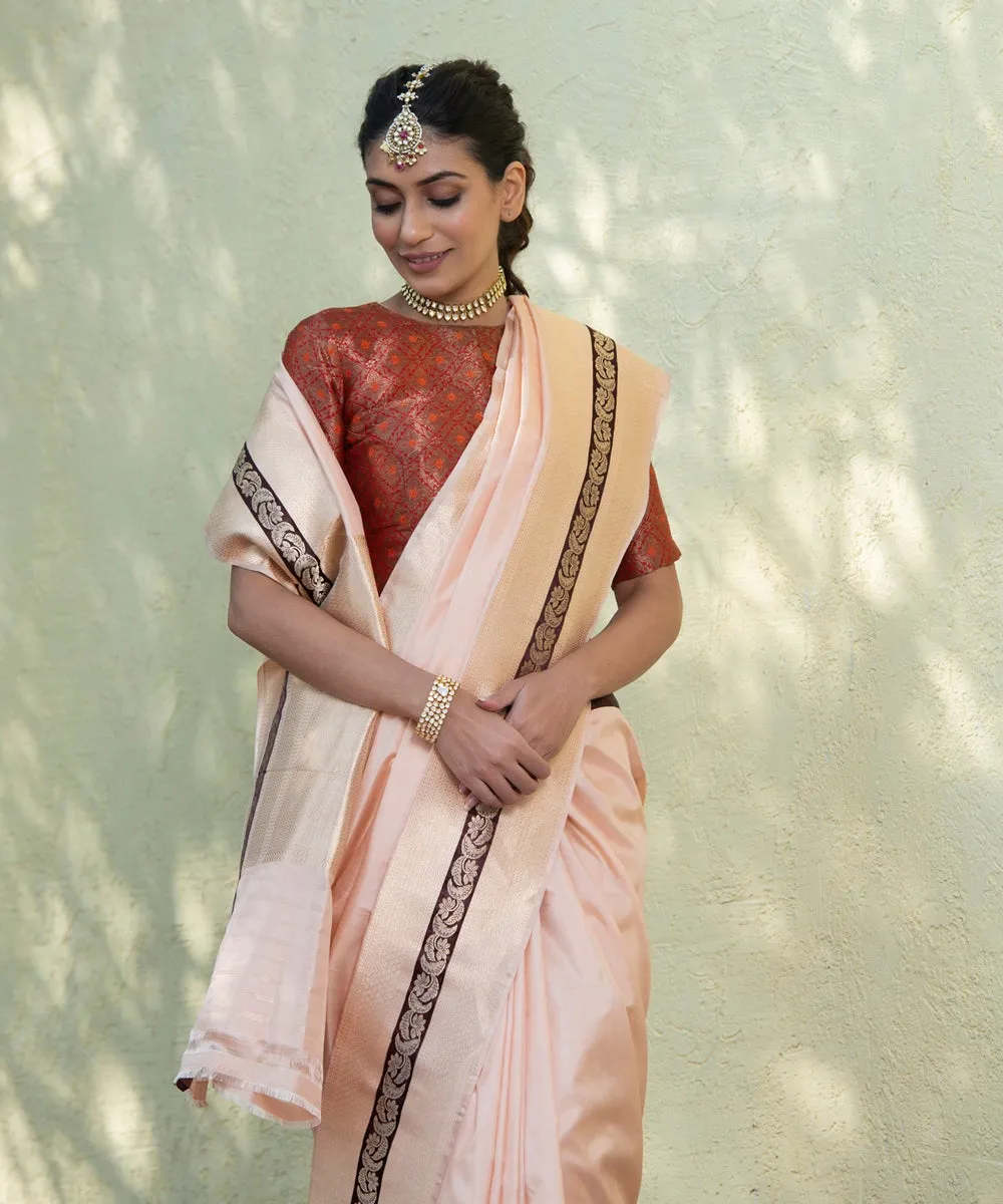 Peach Handloom Ektara Katan Silk Banarasi Saree With Dark Brown Satin Border