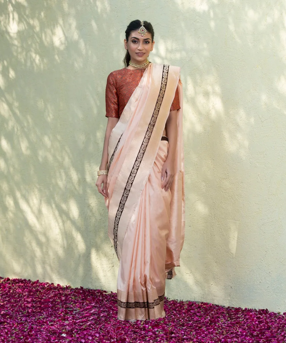 Peach Handloom Ektara Katan Silk Banarasi Saree With Dark Brown Satin Border