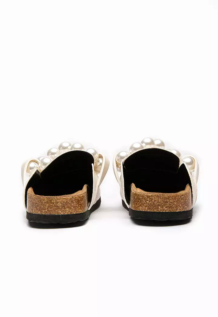 Pearl Embellished PU Leather Mules