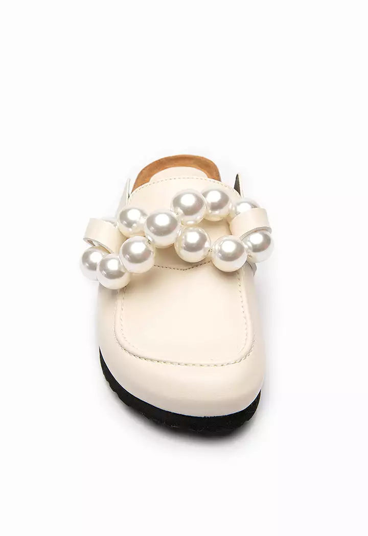 Pearl Embellished PU Leather Mules