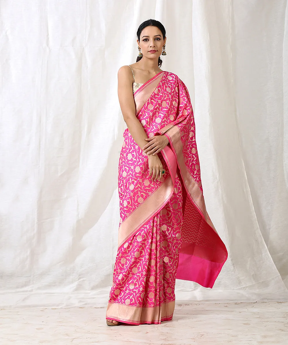 Pink Handloom Pure Katan Silk Banarasi Saree with Cutwork Jaal