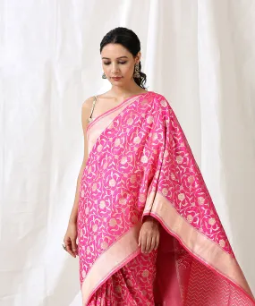 Pink Handloom Pure Katan Silk Banarasi Saree with Cutwork Jaal