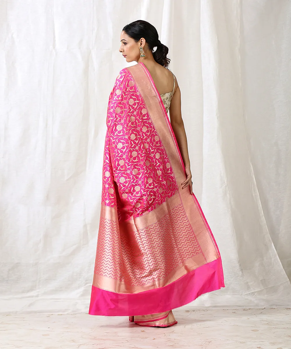 Pink Handloom Pure Katan Silk Banarasi Saree with Cutwork Jaal