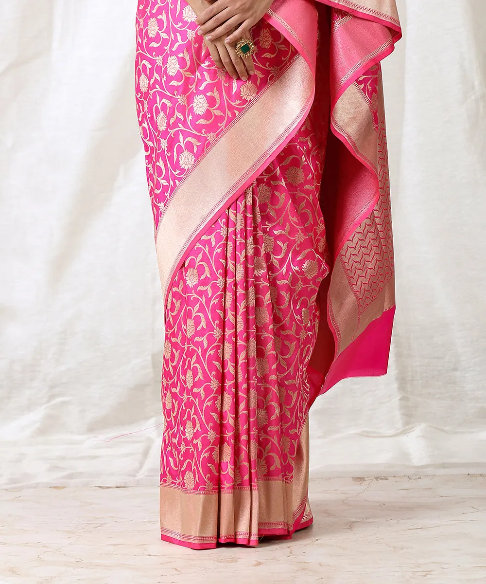 Pink Handloom Pure Katan Silk Banarasi Saree with Cutwork Jaal