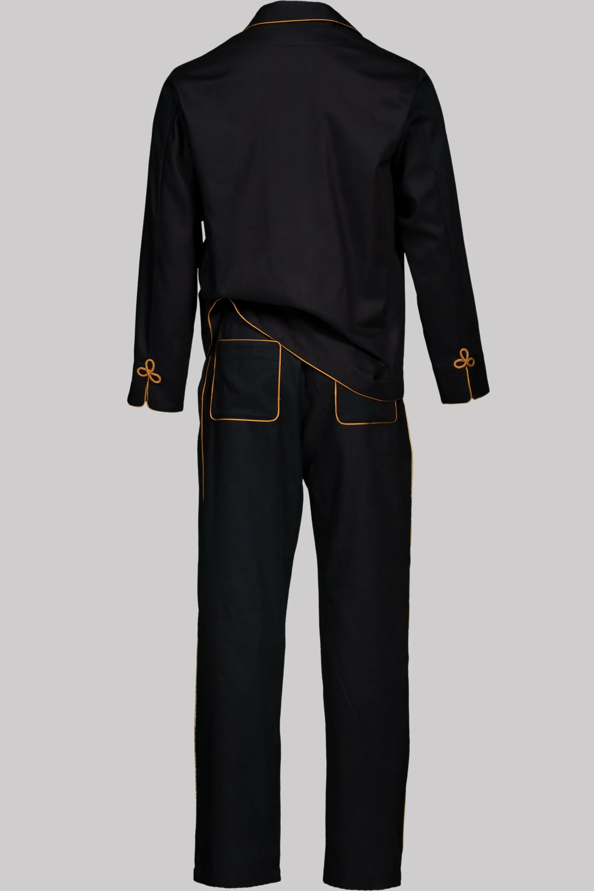 PYJAMA BLACK with gold-gold braiding 100% COTTON Herringbone-light