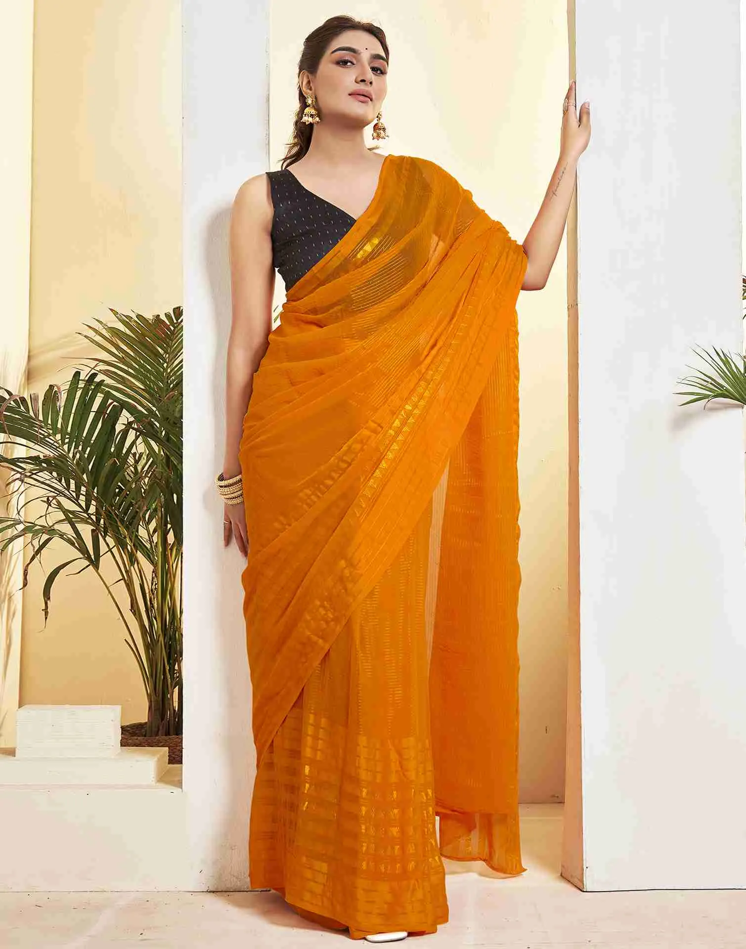 Ready To Wear Orange Georgette Plain Printed Saree