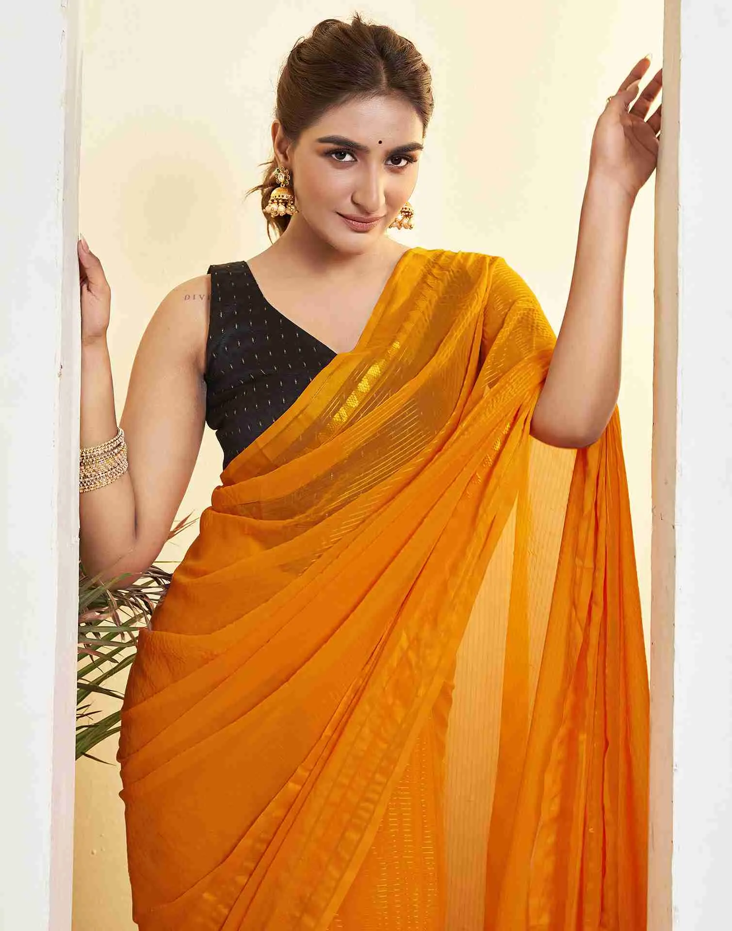 Ready To Wear Orange Georgette Plain Printed Saree