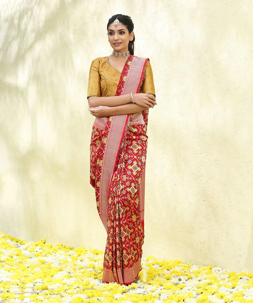 Red And Mustard Handloom Twin Katan Silk Warp Reshmi Banarasi Patola Saree