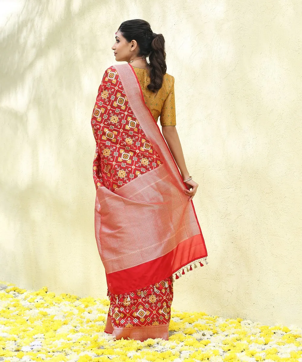 Red And Mustard Handloom Twin Katan Silk Warp Reshmi Banarasi Patola Saree