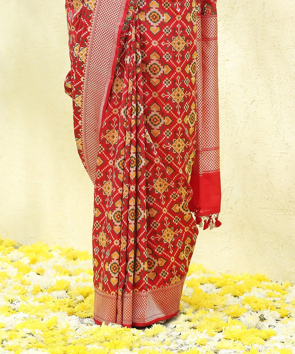 Red And Mustard Handloom Twin Katan Silk Warp Reshmi Banarasi Patola Saree